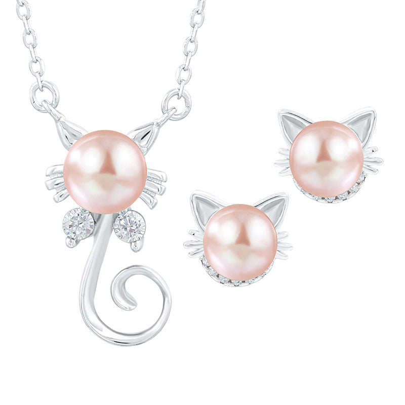 Freshwater Pearl Cat Pendant Necklace And Earing Sets