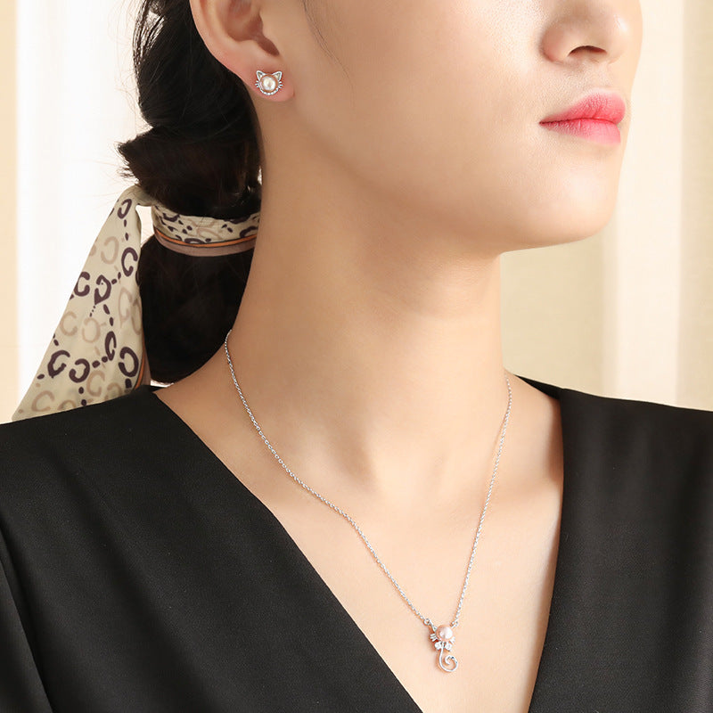 Freshwater Pearl Cat Pendant Necklace And Earing Sets