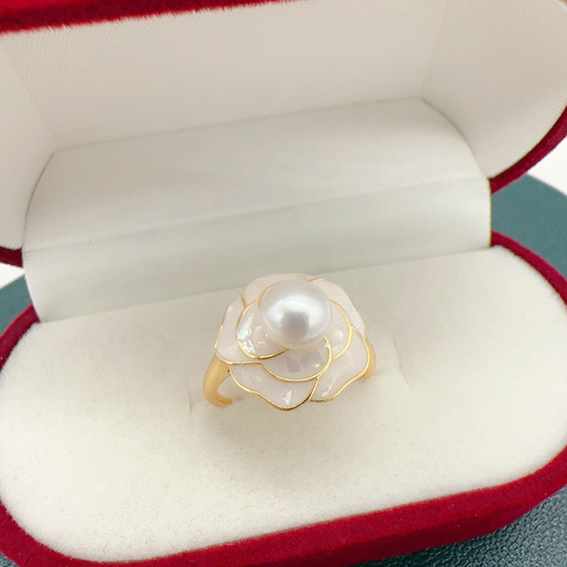 Camellia Pearl Ear Stud Pendant Necklace and Ring Set