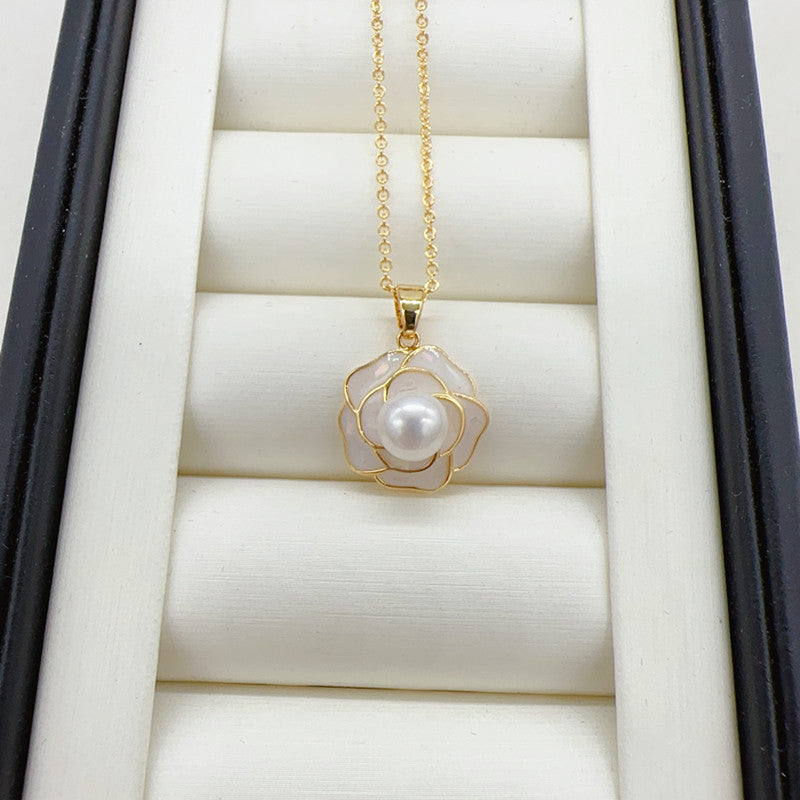 Camellia Pearl Ear Stud Pendant Necklace and Ring Set