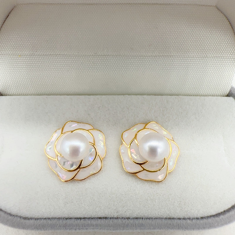 Camellia Pearl Ear Stud Pendant Necklace and Ring Set