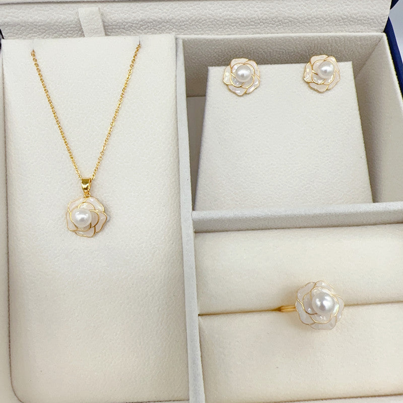 Camellia Pearl Ear Stud Pendant Necklace and Ring Set