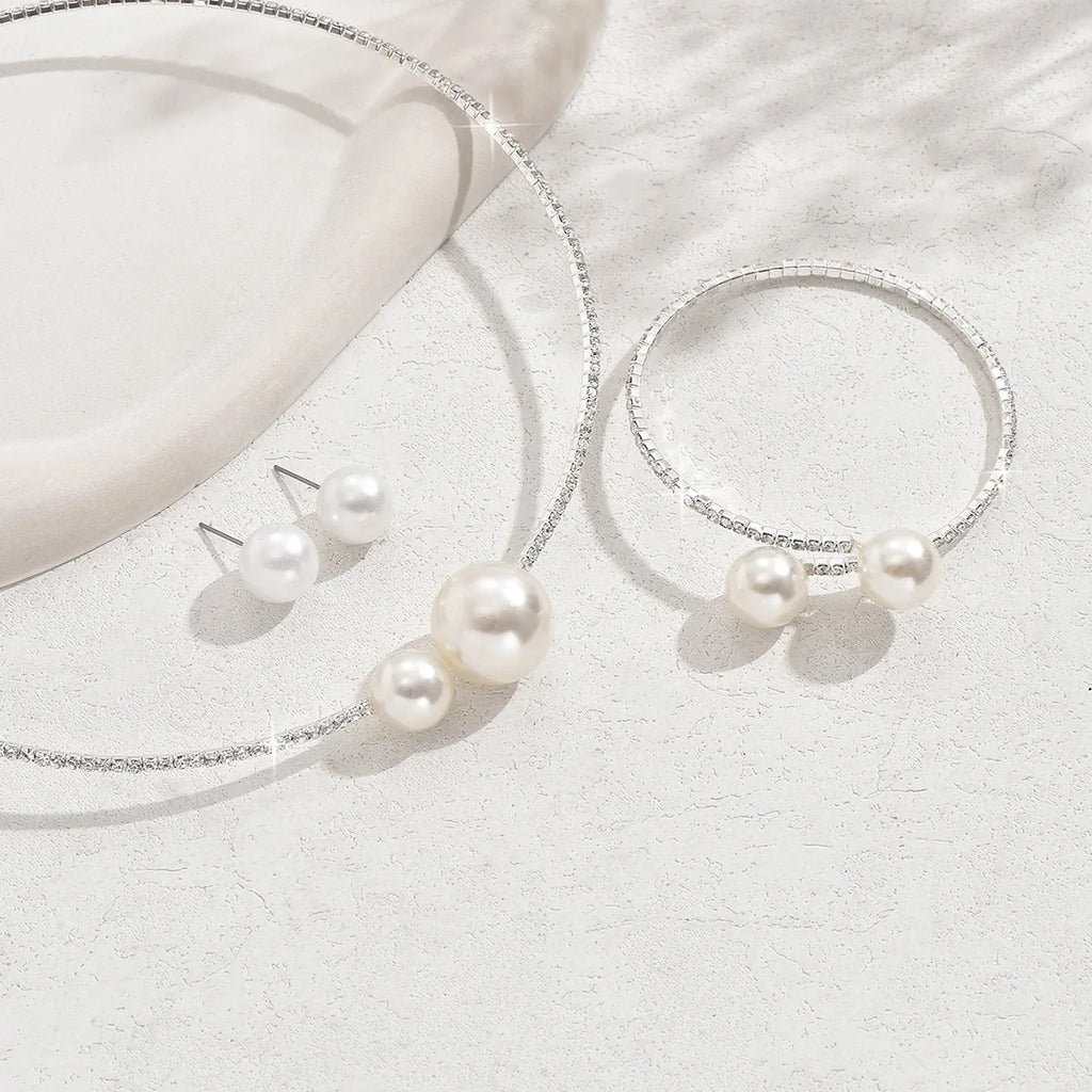Stud Earrings Choker and Bracelet Pearl Rhinestones Sets
