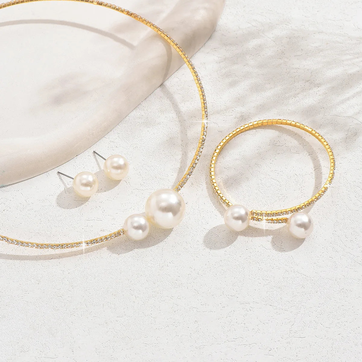 Stud Earrings Choker and Bracelet Pearl Rhinestones Sets