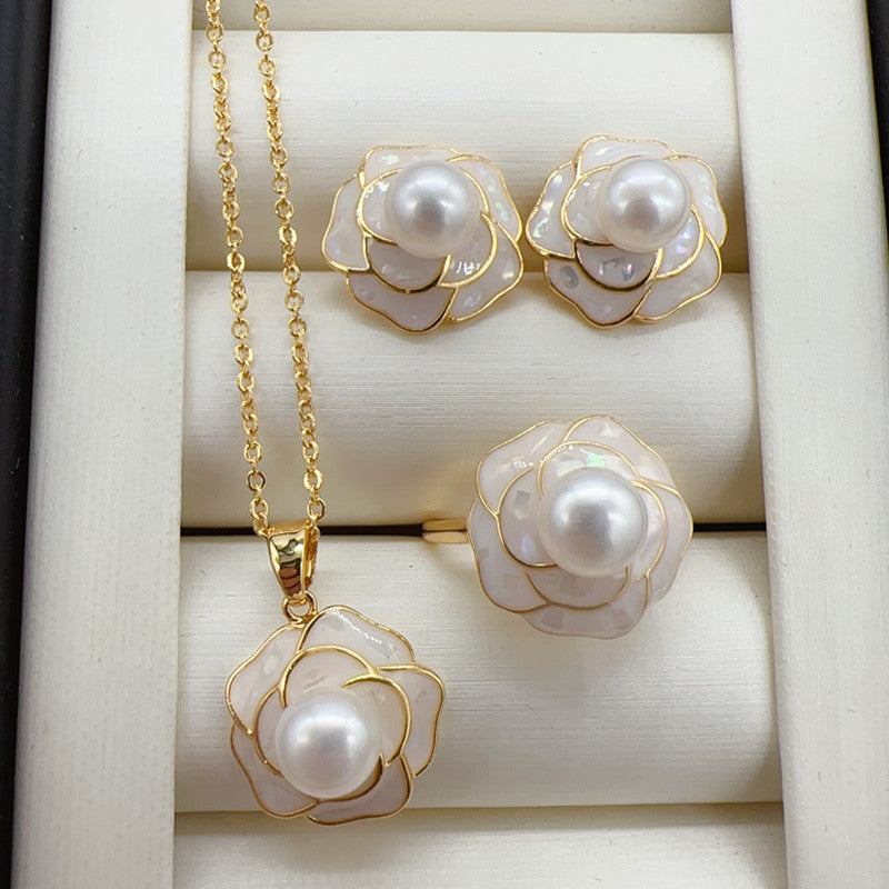 Camellia Pearl Ear Stud Pendant Necklace and Ring Set